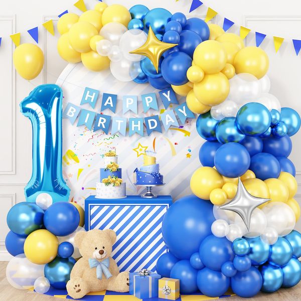 1st Birthday Decorations for Boys Girls, Blue 1 Number Gold Silver Star Balloon Yellow Blue White Balloons Arch Kits, and Banner for Cartoon Theme First Birthday Baby Shower Sponge Bob Party Supplies