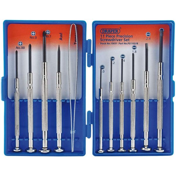 Draper 11 Piece Precision Screwdriver Set | Carbon Steel | DIY and Professional Kit | Plain Slot | Cross Slot | Swivel Tops | Tweezers | Plastic Case | 15631