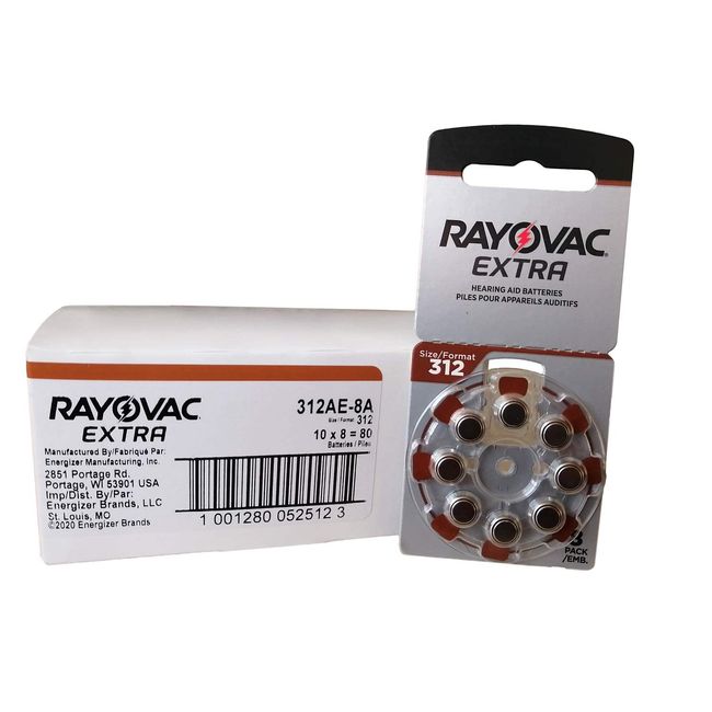 Rayovac Size 312 Extra Advanced Mercury Free Hearing Aid Batteries (80 Batteries)