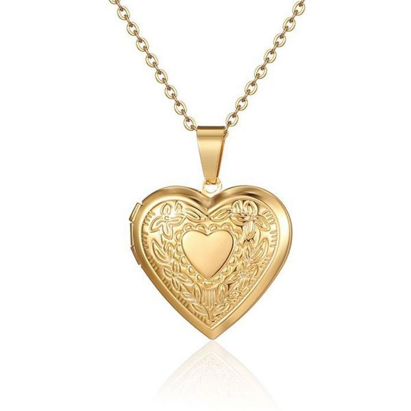 Vintage Engraved Flower Locket Picture Pendant Necklace Antique Carved Pattern Oval Heart Pendant Necklace For Women Girls Hold Picture Souvenir Memorial Jewelry(Gold Heart 1)