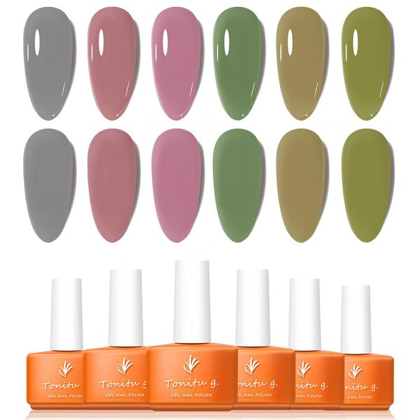 Tonitu G Gel Nail Polish Set 6 Colors Gel Polish Kit, Grey Mauve Pink Baby Pink Sage Green Tan Beige Olive Green Popular Nail Art Design Soak Off LED at Manicure DIY Home Salon Gifts for Women Girls