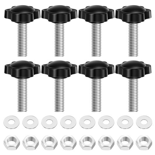 M8 x 50mm Star Knobs with Hex Nuts and Washers, Plastic 6 Star Shape Handle Clamping Knob Screw Threaded Studs Thumb Screws Hand Tightening Screw Replacement, 304 Stainless Steel, Black, 8 Sets