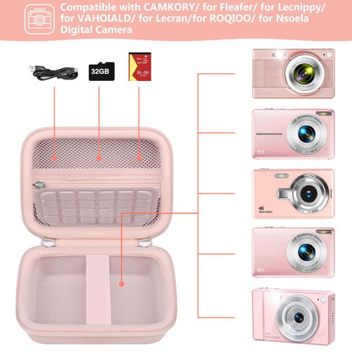 Supmay Carrying Case for CAMKORY/for Lecnippy/for Lecran/for ROQIOO Digital Camera, Digital Point and Shoot Camera Storage Holder Travel Bag with Mesh Pocket for Battery, USB Cable, SD Card, Pink