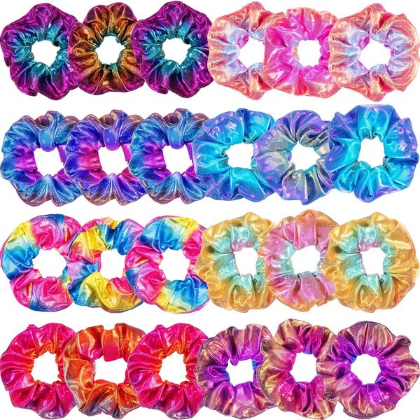 Tatuo 24 Pieces Scrunchies Rainbow Hair Scrunchies Elastic Hair Bands Scrunchy Colorful Hair Ties Ropes for Women Girls Gymnastics Birthday Party Favors, Large (Metallic Colors,Satin)