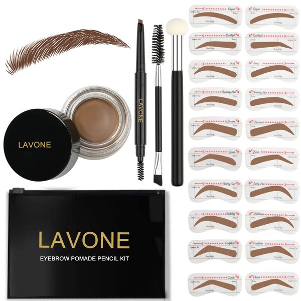 LAVONE Eyebrow Stamp Stencil Kit, Brow Stamp Trio Kit with Waterproof Eyebrow Pencil, Pomade, 20 Eyebrow Stencils, Dual-ended Eyebrow Brush and Sponge Applicator - Soft Brown