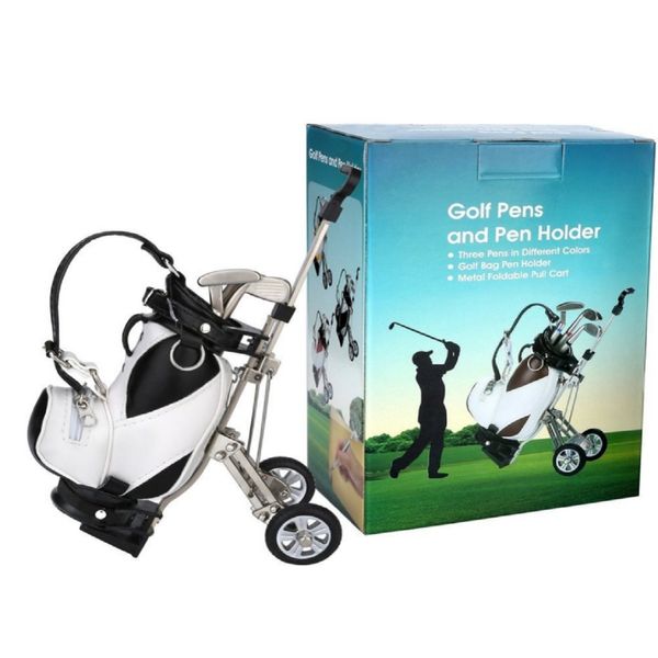 LL-Golf® Stiftehalter Miniatur Golfbag mit Trolley und 3 Golfschläger Stiften/Golfgeschenk Golfer Schreibtisch Büro Geschenk Geschenkidee