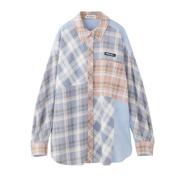 Milkfed Women's Casual Plaid PATCHWORK SHIRT, LtBlue
