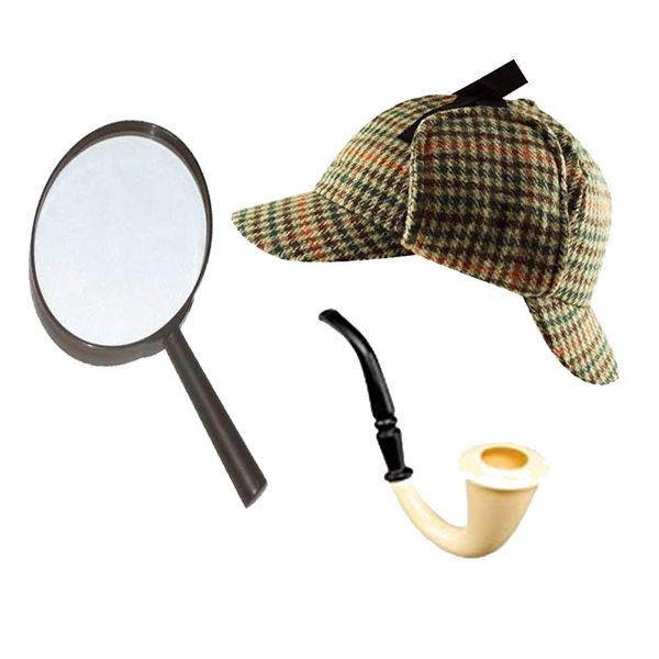 Sherlock Holmes Fancy Dress Accessory Set Deerstalker Hat + Magnifying Glass + Victorian Look Pipe Detective Kit