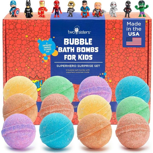 Superhero Boys Bath Bombs with Surprise Hero Toys Inside (12 Pack) - Large Bubble Bomb, Fruity Scents, Relaxing Aromas - Ideal Birthday Gift for Kids by Two Sisters