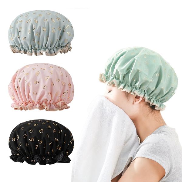 YFFSFDC Shower Cap, Bath Cap, Elastic Hair Cap, Hair Cap, Vanity Hat, 2 Layers, Waterproof, Flexible, Lightweight, Cute, Cute, Heart Pattern, Reusable, Beautiful Hair, Bath, Spa, Cooking, Bath Supplies, Set of 3