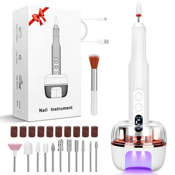 3 in 1 Portable Electric Nail File, 18000 RPM 5-Speed Adjustable Electric Nail Drill Built-in Nail Lamp Professional Electric Nail Drill with 12 Grinding Heads for DIY Manicure and Pedicure Tools