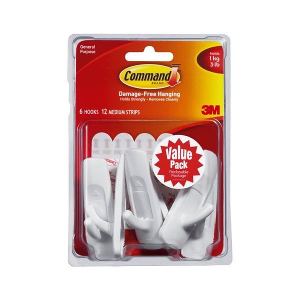Command 17001-VP-6PK Strip Adhesive, 12 Hooks, White