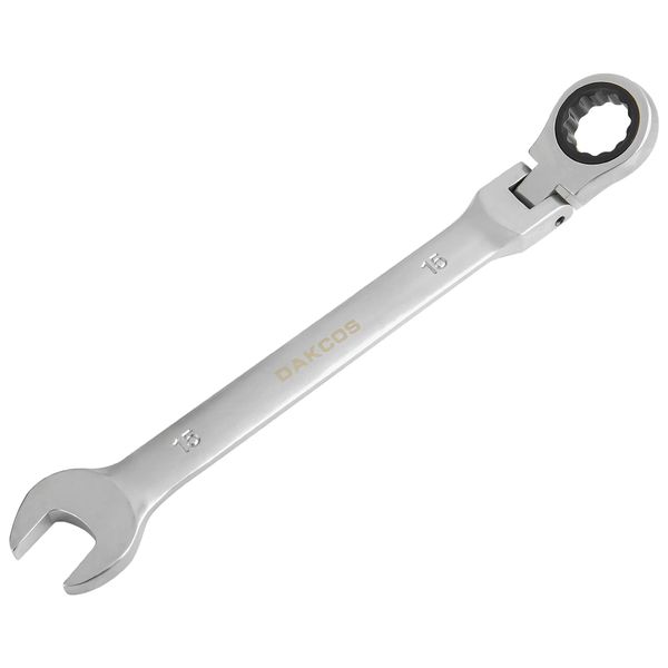 DAKCOS Flexible Head Ratchet Combination Wrench Spanner 15mm Chrome Vanadium Steel