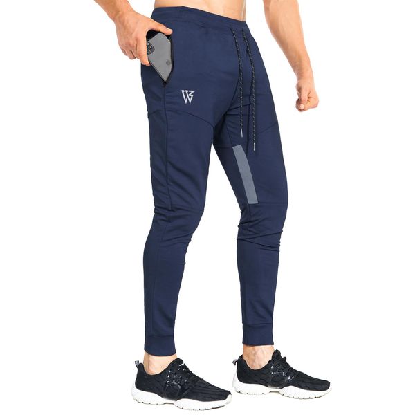 ZENWILL Mens Tapered Workout Running Pants, Jogger Training Sweatpants Slim Fit with Zip Pockets (Small, Navy)