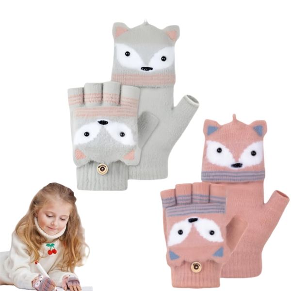 SDXCJY 2 Paar Fäustlinge mit Knopf Klappe Fingerlose Handschuhe für Kinder, dehnbare warme Strickhandschuhe, Weihnachtsgeschenke für Jungen und Mädchen. (Rosa, Grau)