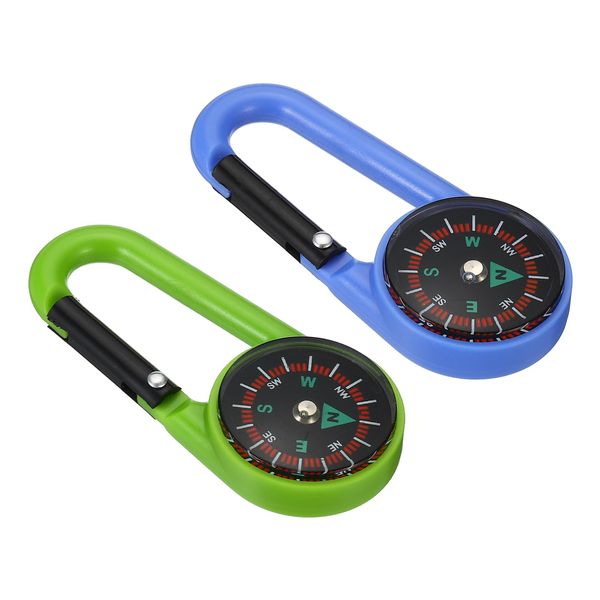 PATIKIL Compass, 2 Pcs Buckle Compass Keychain Waterproof Survival Pocket Compass for Hiking Outdoor Camping, Light Blue, Green