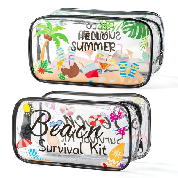 Y1tvei 2Pcs Beach Makeup Toiletry Bag Survival Kit Clear Cosmetic Bag Hello Summer Theme PVC Plastic Transparent Portable Waterproof Seaside Travel Pouch Organizer with Zipper for Women Lady Coast