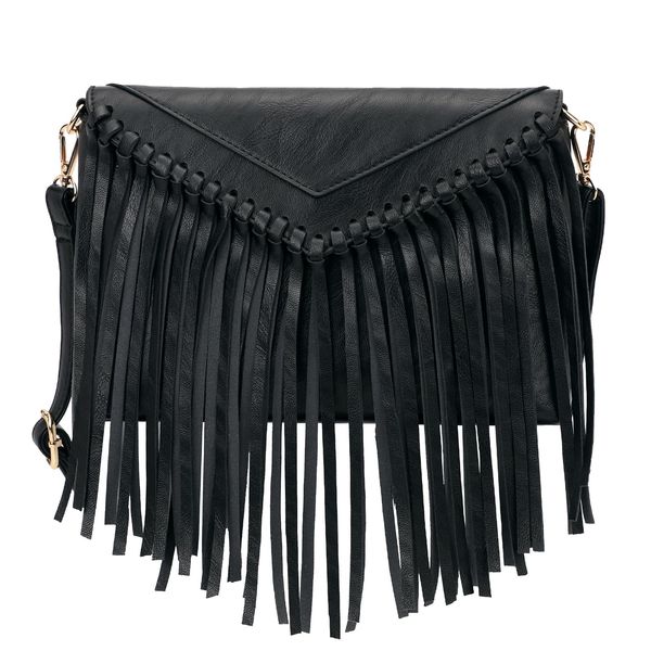 KouLi Buir Tassel Crossbody Purse for Women PU Leather Western Hobo Fringe Handbag Shoulder Bag (Black)