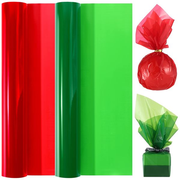 Outus 2 Rolls Christmas Cellophane Wrap Roll Clear Cellophane Wrap 12 x 591 Inch Wide Cellophane Wrap Red Green Clear Wrapping Paper for Xmas DIY Craft Present Wrap