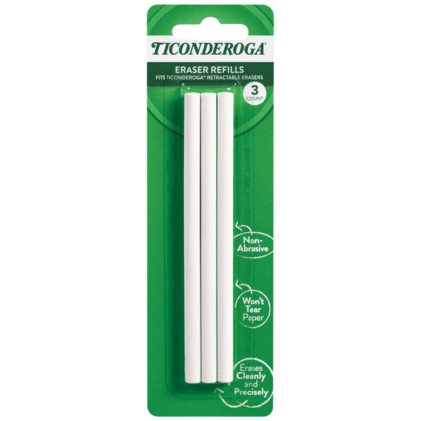 Ticonderoga Retractable Eraser Refills, White, 3 Count, 6 Packs (X38003)