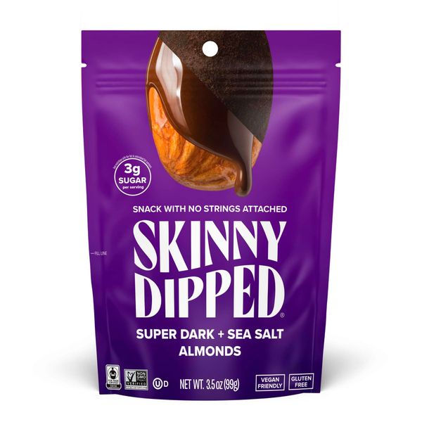 SkinnyDipped Super Dark Chocolate + Sea Salt Almonds, Vegan, Healthy Snack, Plant Protein, Gluten Free, 3.5 oz Resealable Bags, Pack of 1