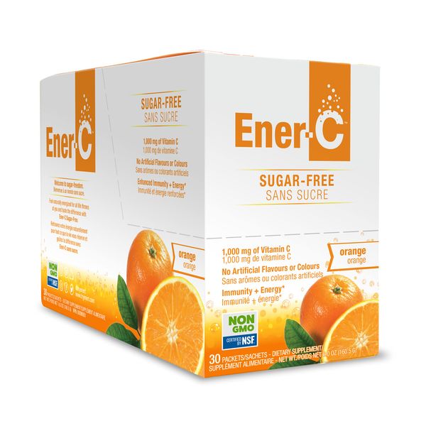 Ener-C Sugar Free Energy Orange Multivitamin Drink Mix Vitamin C 1000mg & Electrolytes - Natural Immunity Support with Real Fruit Juice Powders Non-GMO Vegan & Gluten Free - 30 Count