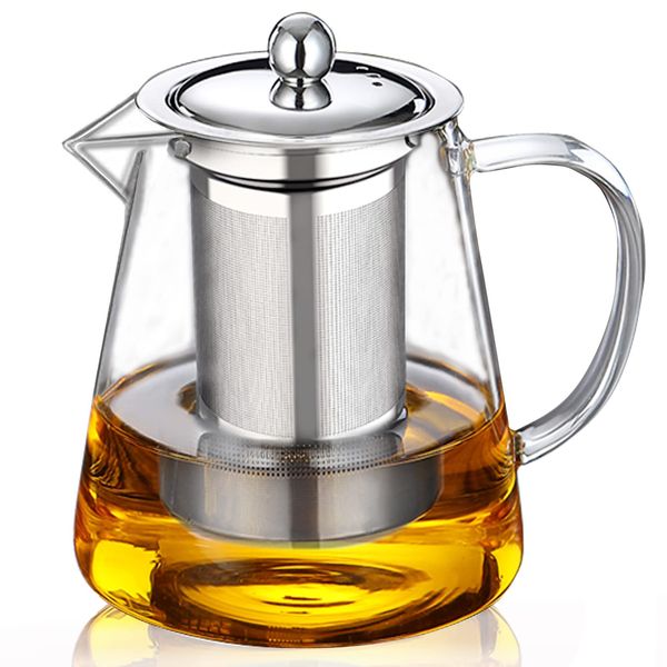 Glass Teapot 750ml BOWD with Heat-Resistant Stainless Steel Tea Strainer, for Tea Coffee Water Carafe Milk Container,Juice Pitcher,Can be Used in Microwave Oven Safe, Borosilicate Glass(750ml 25oz)