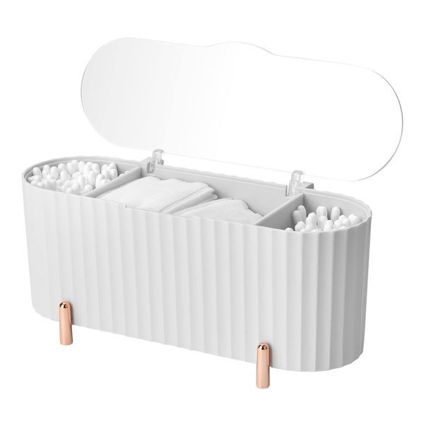 Make Up Kosmetik Organizer, Wattepads Aufbewahrung mit Deckeln, Wattestäbchen Behälter Lidschattenpinsel Lippenstiftetui Organizer, 4 Fächer Schminktisch Zubehör Makeup Organizer (Weiß)