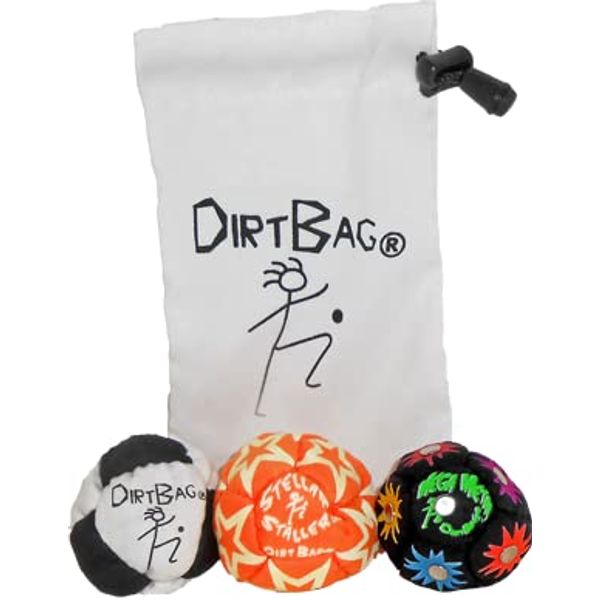 DIRTBAG All Star Footbag Hacky Sack 3 Pack with Pouch, 100% Handmade, Premium Quality, Bright Vivid Colors, Signature Carry Bag - Green/Black