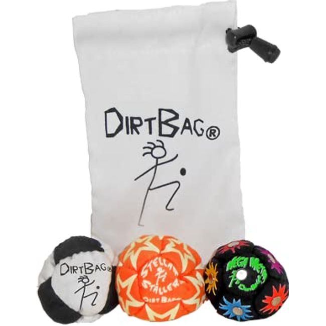 DIRTBAG All Star Footbag Hacky Sack 3 Pack with Pouch, 100% Handmade, Premium Quality, Bright Vivid Colors, Signature Carry Bag - Green/Black