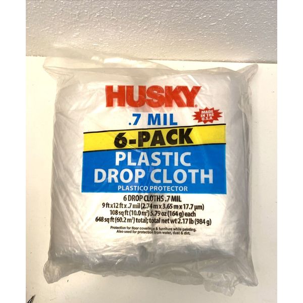 Husky 0.7 MIL 6-Pack Plastic Drop Cloth 108 square feet. Brand New Paint Supply