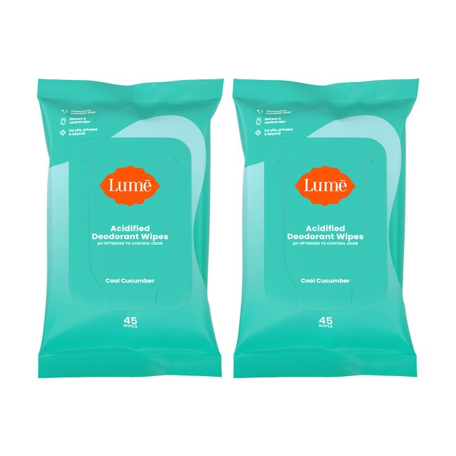 Lume Acidified Deodorant Wipes - 24 Hour Odor Control - Aluminum Free, Baking Soda Free, Skin Safe - 45 Count (Pack of 2) (Cool Cucumber)