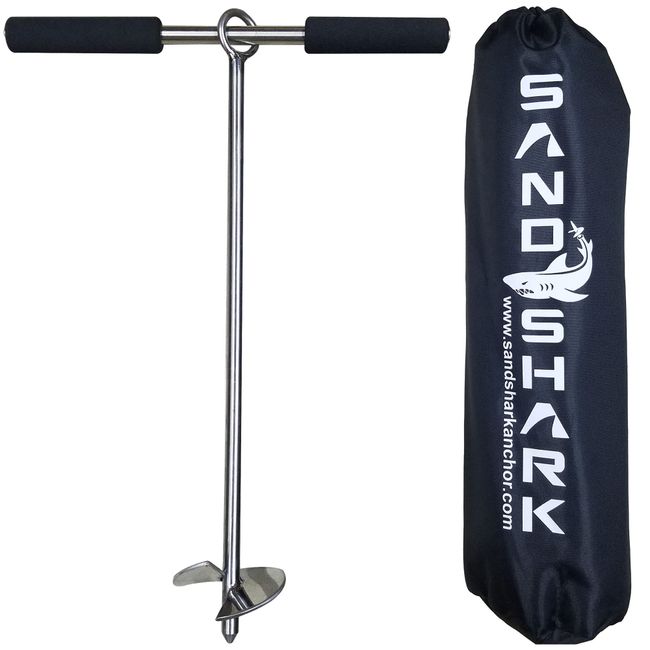 SandShark 18" inch Lite Series Auger Anchor, Perfect for Jet Skis, Boats, Kayaks, Paddleboard, Pontoons. Holds in Shallow Water, Sandbars, Gravel. Stainless Steel w/Handle and Rip-Stop Padded Case