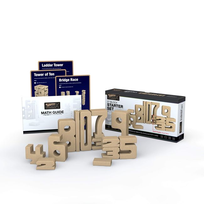 SumBlox All-New Starter Set of 38 Math Building Blocks - STEM Solid Wood Educational Number Blocks, Includes 36 Activity Cards
