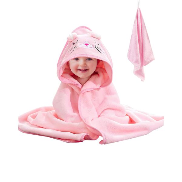 XHYZYX Hooded Baby Towel, Baby Towels with Hood Ultra Soft Hooded Baby Towels Newborn, Bathing Towel for Kids Babies, Unique Animal Design, Bathing Towel for Boy and Girl, Pink Cat