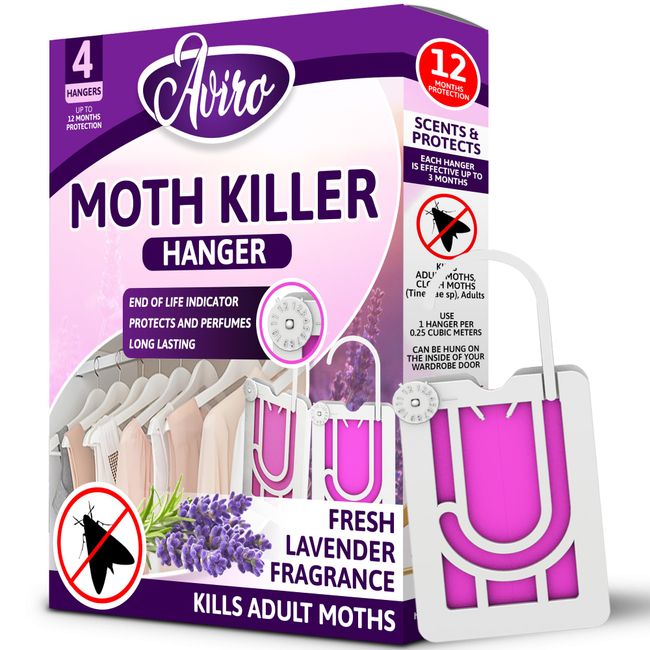 Aviro Moth Killer - Hanging Moth Repellent For Wardrobes With Natural Lavender Scent. Highly Effective Moth Repellent That Kills & Protects. Clothes Moth Killer For Wardrobes, Drawers & Clothes 4 Pack