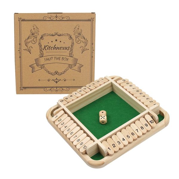 Kitchnexus Classic Shut The Box Four Sided Flop Game with Dice, Wooden Board Game Board Travel Game for 2-4 Player