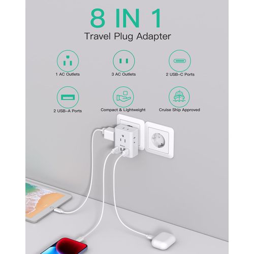 2 Pack European Travel Plug Adapter USB C, International Power Adapter with 4 Outlets 4 USB C Ports (2 USB C), Type C Adapter for US to Most of Europe EU Italy Spain Greece Portugal France Germany
