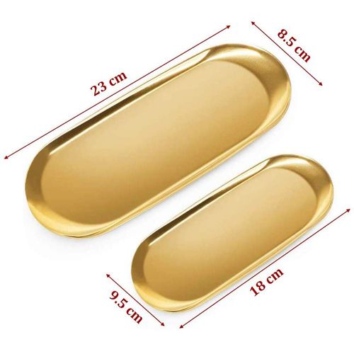 2 Pcs Stainless Steel Cosmetics Tray, Dessert Candy Dish Tea Coffee Cup Plate, Storage Tools for Jewelry Bathroom Vanity Towels Holder (Gold)