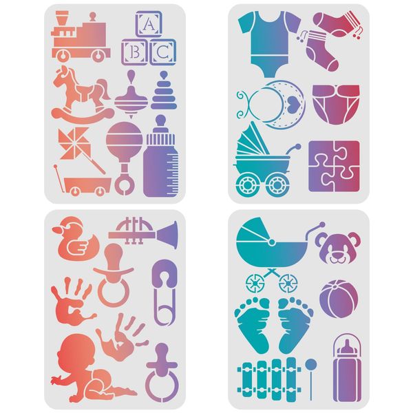 FINGERINSPIRE 4 Pcs Baby Theme Stencils Template 29.7x21cm Plastic Baby Bottle Stroller Reusable Drawing Painting Stencils for Wood, Floor, Wall, Tile DIY Art and Craft