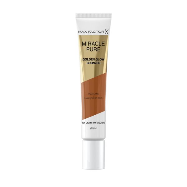 Max Factor Miracle Pure Golden Glow Liquid Bronzer 001 Light to Medium, Sun-Kissed Skin All Year Round, Infused with Hylauronic Acid & Squalene, Creamy Formula, Vegan