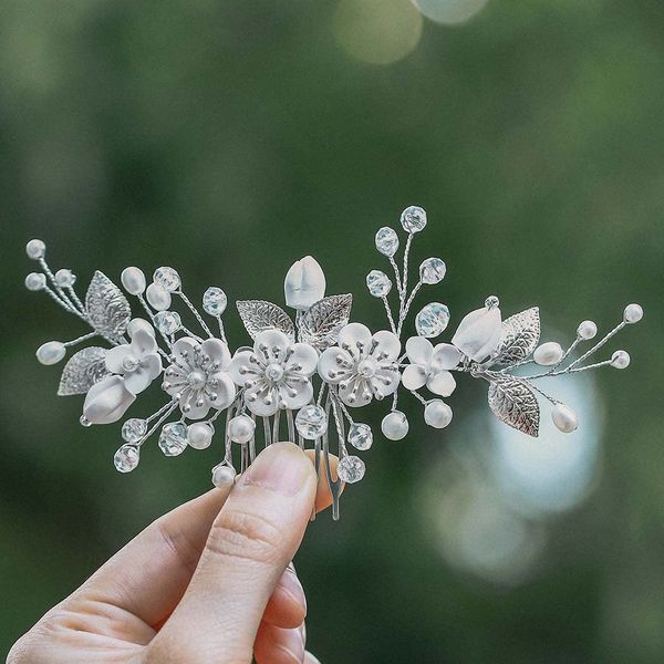 Relandy Blume Braut Hochzeit Haarkamm Blatt Silber Kopfbedeckung Kristall Braut Haarschmuck für Frauen und Mädchen