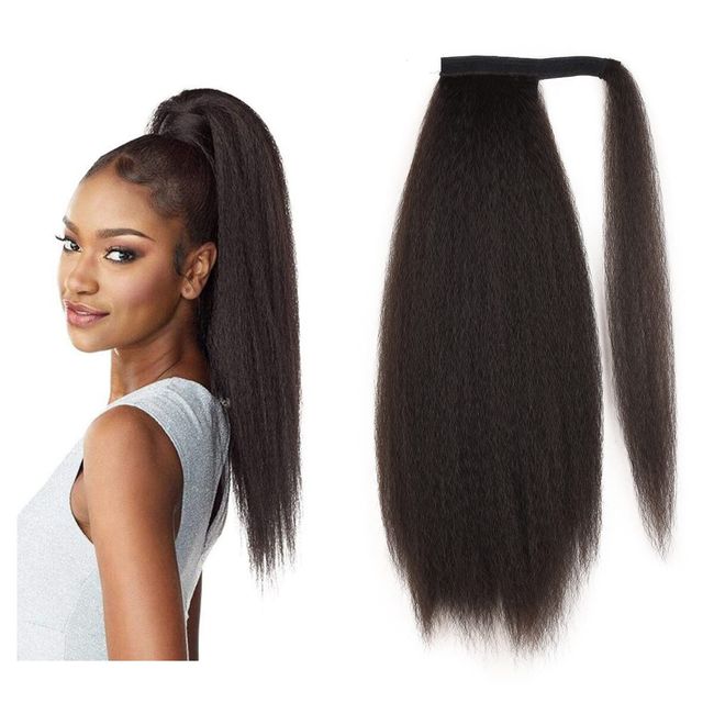 Long Afro Kinky Straight Ponytail Wrap Around Yaki Straight Pony Tails Extensions Clip in Ponytail Extension Magic Paste Ponytail for Black Women Girls (Black Brown)