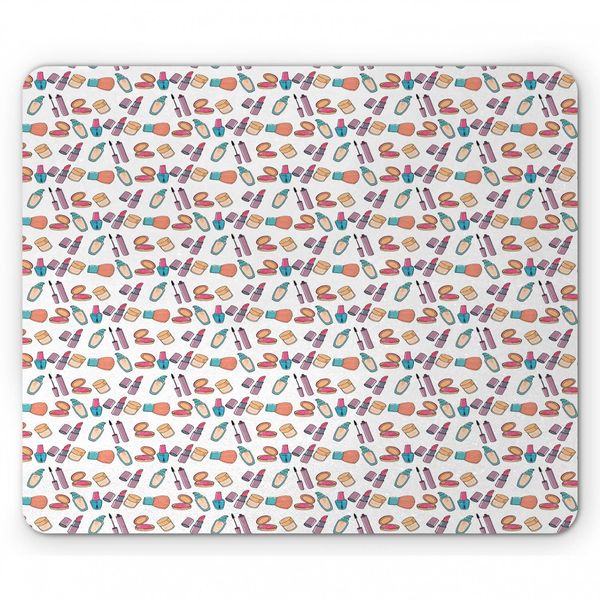 Ambesonne Colorful Mouse Pad, Hand Drawn Numerous Hand Care Mascara Nail Makeup Cosmetic Products Print, Rectangle Non-Slip Rubber Mousepad, Standard Size, White Multicolor