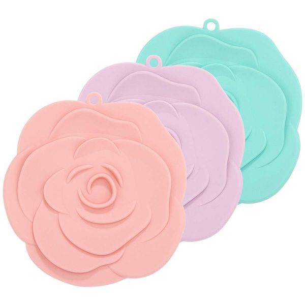 LANJILE Thick Rose Insulation Mat, Pot Holder, Coaster, Pot Mat, Pot Stand, Silicone Mat, Silicone Mat, Heat Resistant Mat, Diameter 7.1 inches (18 cm), Thickness 0.3 inches (0.9 cm), Set of 3 ([7.3 x 7.0 inches (18.5 x 17.8 cm)] Pink, Light Purple, Mint 