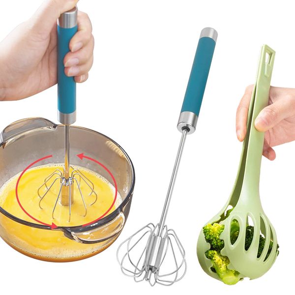 Whisk Egg Cake Flour Kitchen Aid Beater Blender Whisks Stirrer Whisps Manual Push and Egg Separator Tongs, 2 Pack