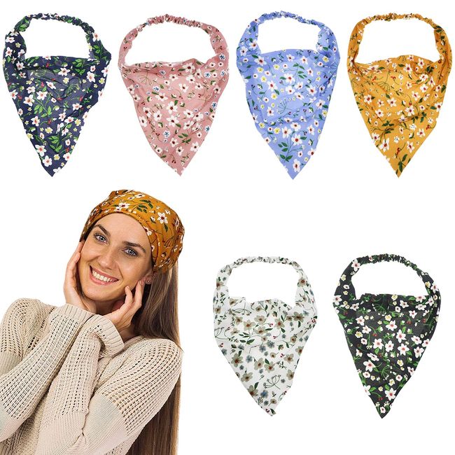 6 Pcs Floral Head Kerchief Hair Scarf,Chiffon Hair Bandanas Print Floral Hair Scarf Kerchief Elastic Floral Printed Turban Boho Headbands Head Scarf Bandana Hair Accessories for Women Girls