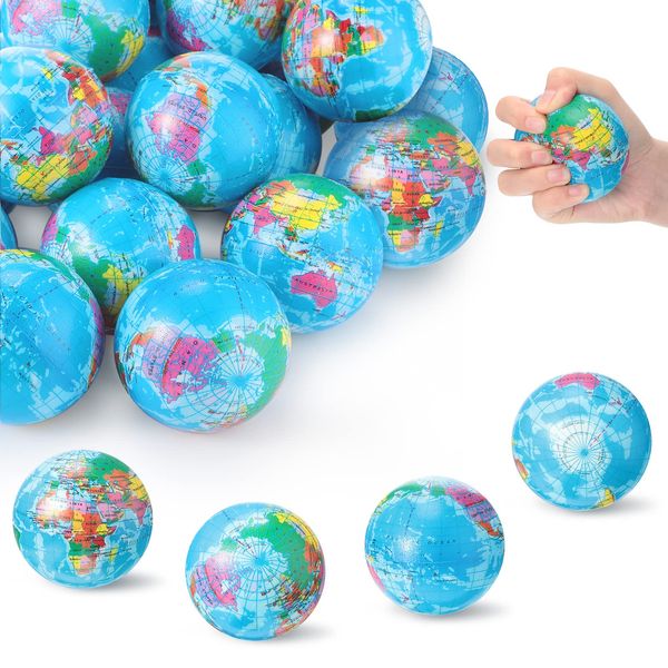 BBTO 24 Pack World Stress Balls Mini Globe Ball Earth Stress Relief Balls 3 Inch Stress Balls for Adults Teens Finger Exercise, Globe Pattern Educational Stress Balls, Party Favors, Carnival Rewards