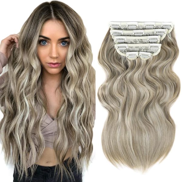 BHF 20 inch Wavy Clip in hair Extensions Full Head Synthetic Thick Hair Piece for Women 6pcs Double Weft Long Curly Hair Extensions（Light Blonde Mix Golden Blonde）