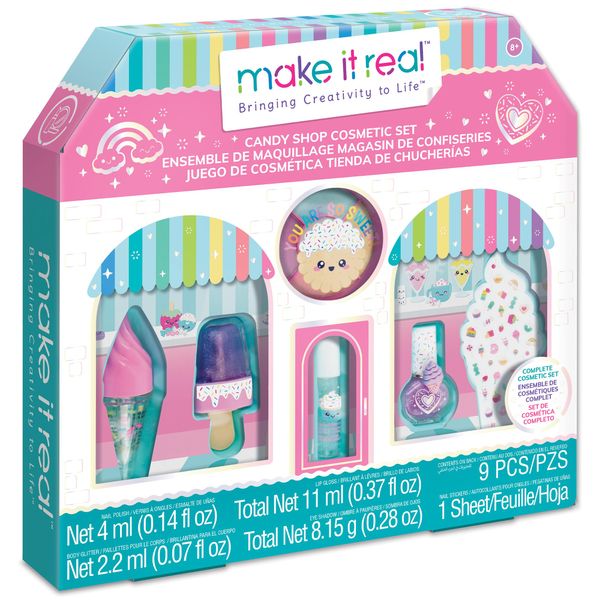 Make It Real: Candy Shop Cosmetic Set - 9 pcs, Vanilla & Strawberry Scented Cosmetics, Ice-Cream Shaped Glosses, Beauty Kit, Tweens, Girls & Kids Ages 8+